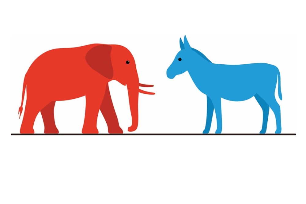 Illustratio of red elephant and blue donkey, representing U.S. political parties