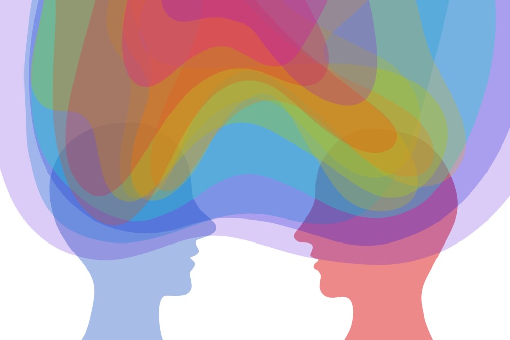 Illustration of two silhouettes with a rainbow cloud around them