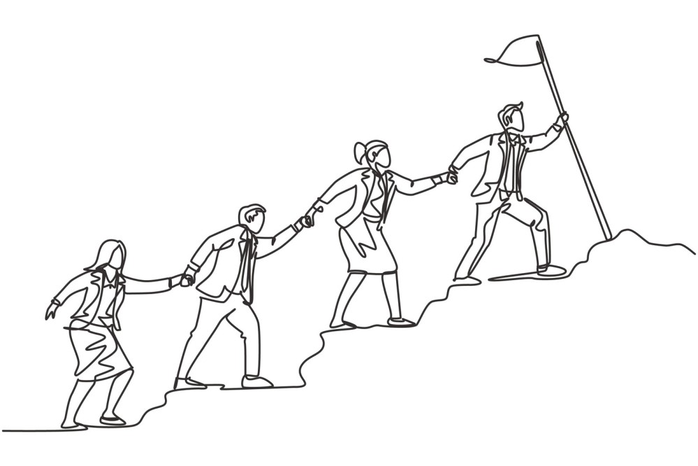 Illustration of a leader leading others up a mountain