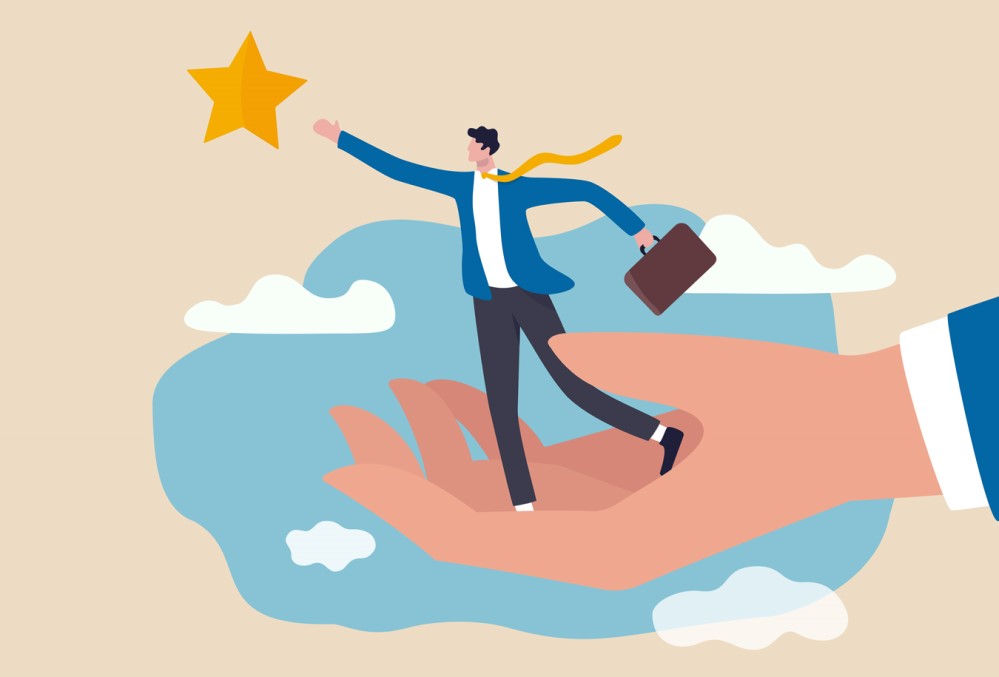 Illustration of businessperson reaching out toward a star