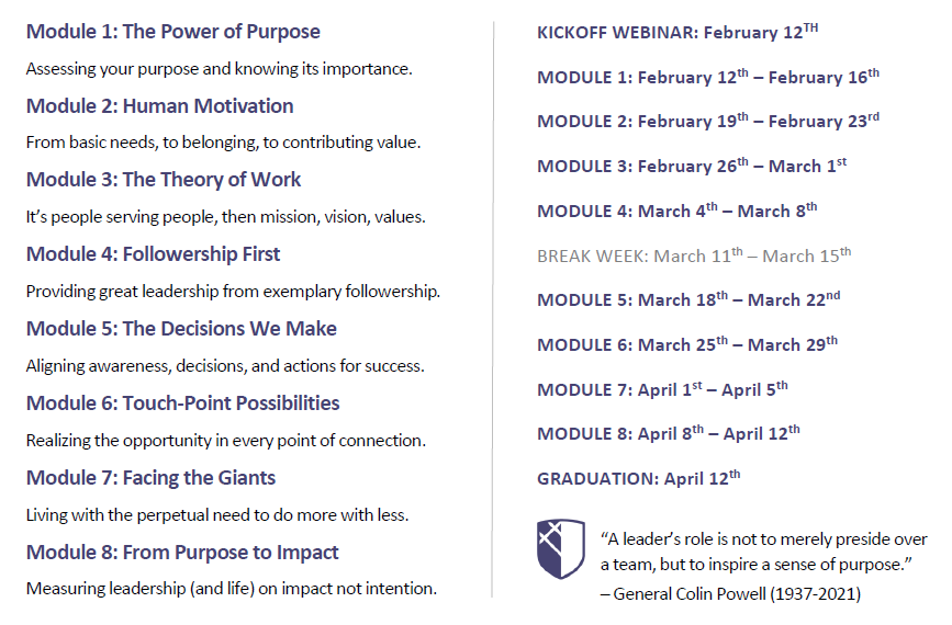 Leading on Purpose Feb 12 2024 Modules and Schedule