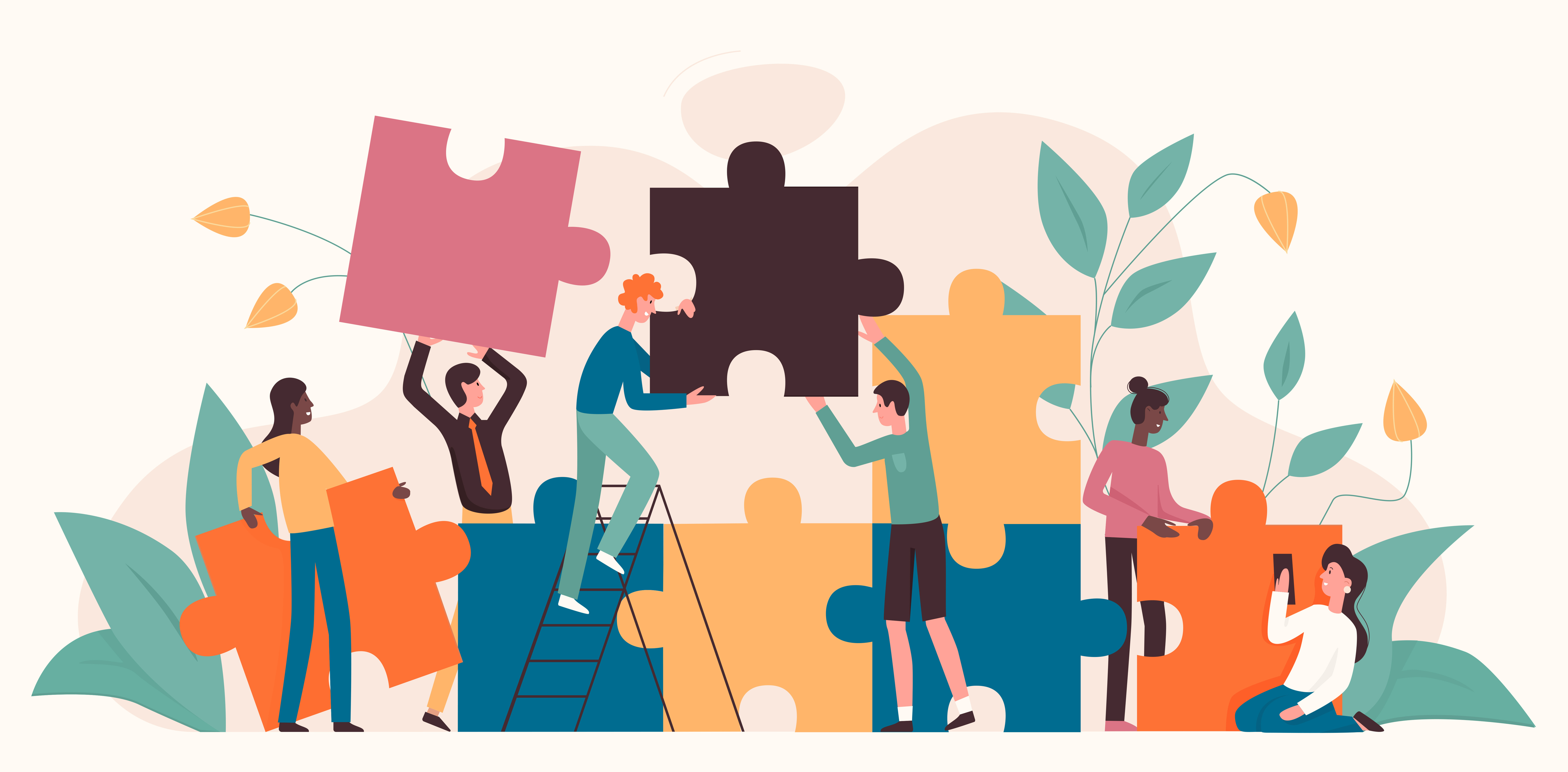 Illustration of diverse individuals piecing together a large puzzle