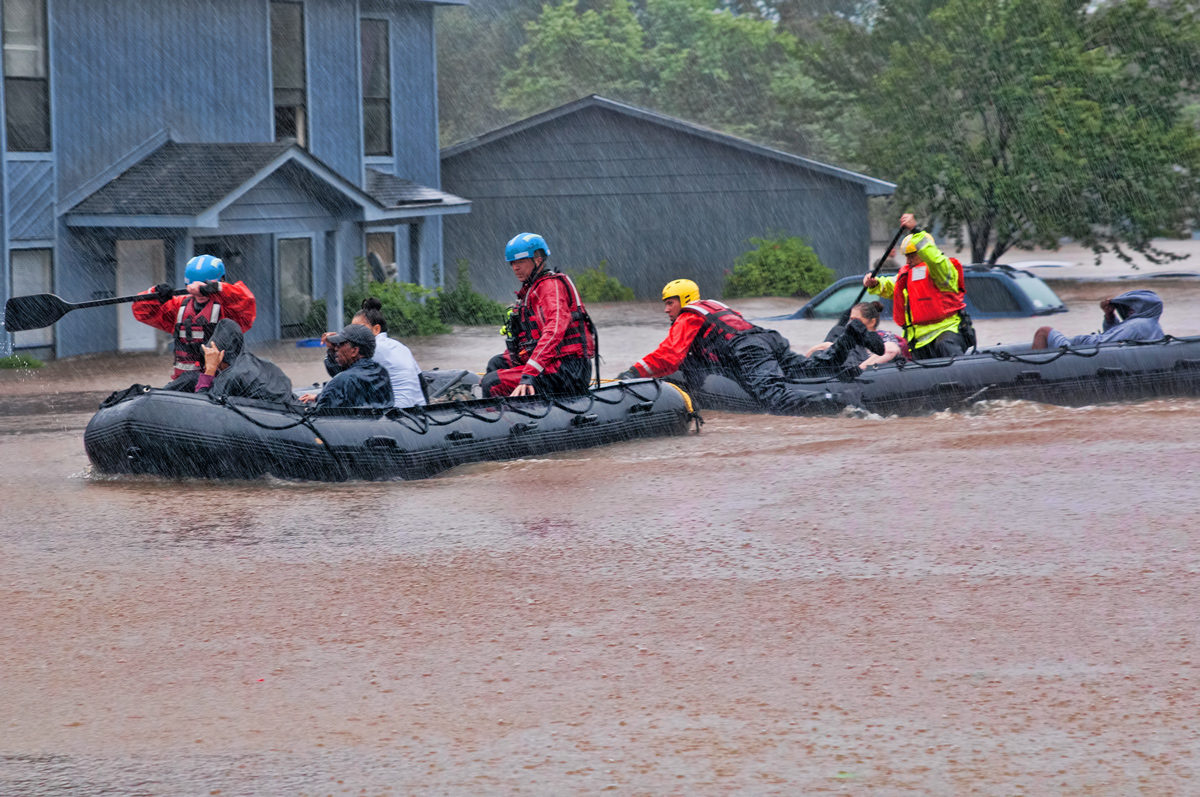 Photo of rescue workers in rafts