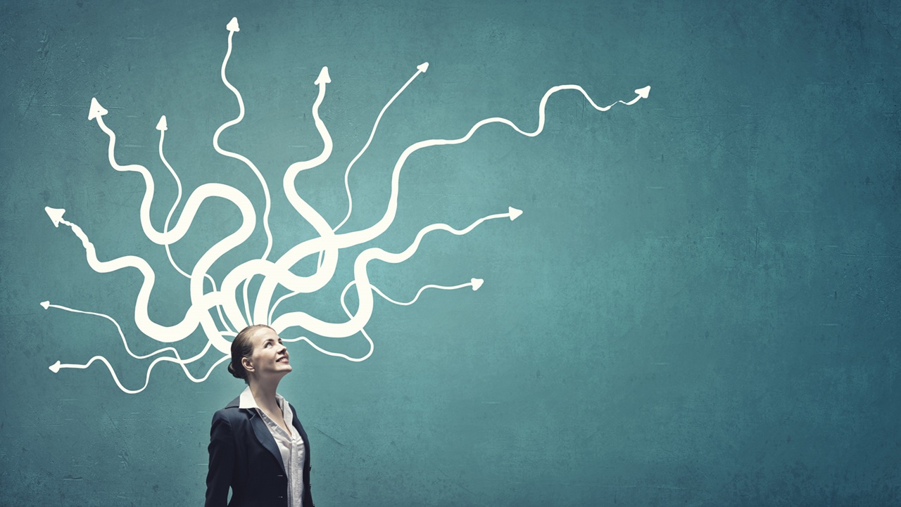 Image of woman with arrows radiating from her head