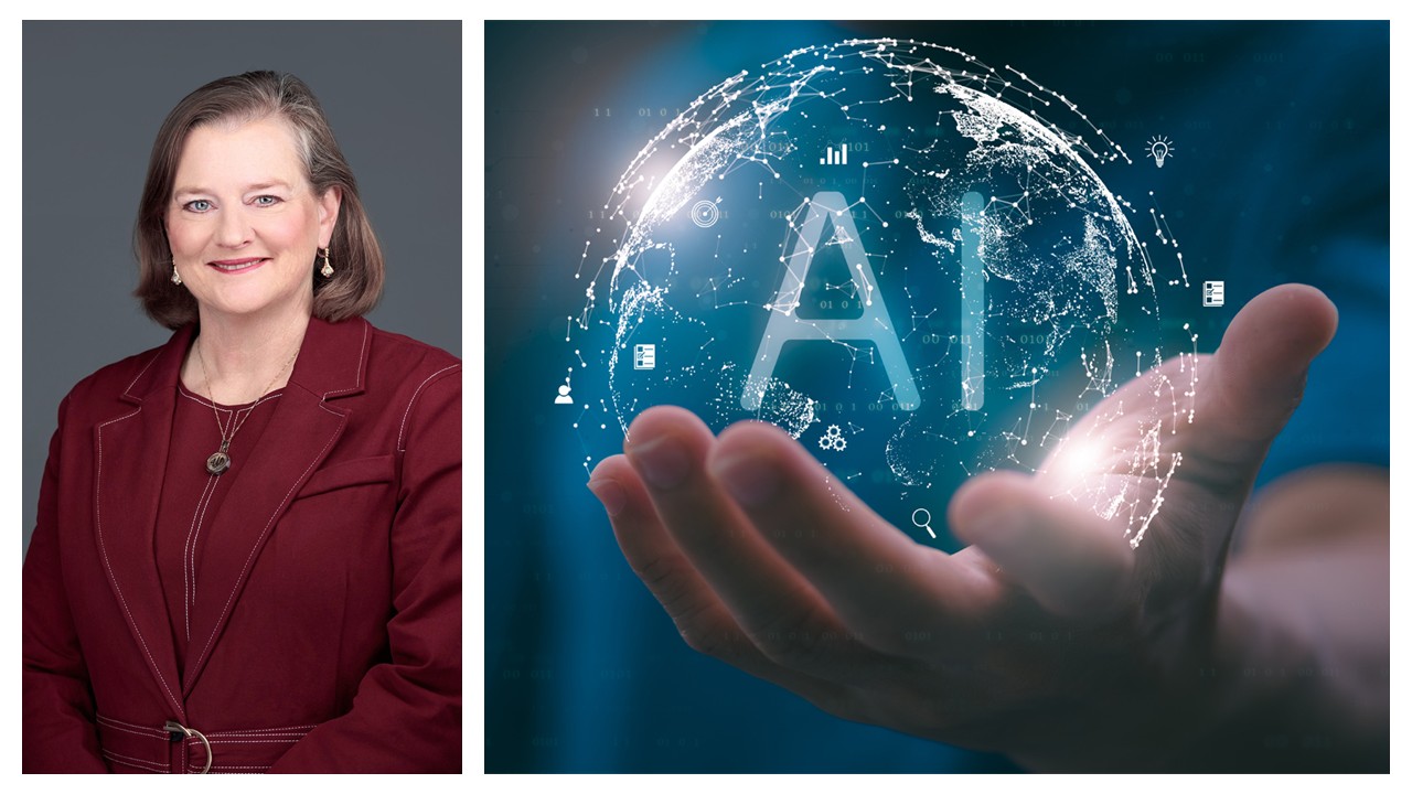 Images of Julia Novak and a hand holding the letters AI