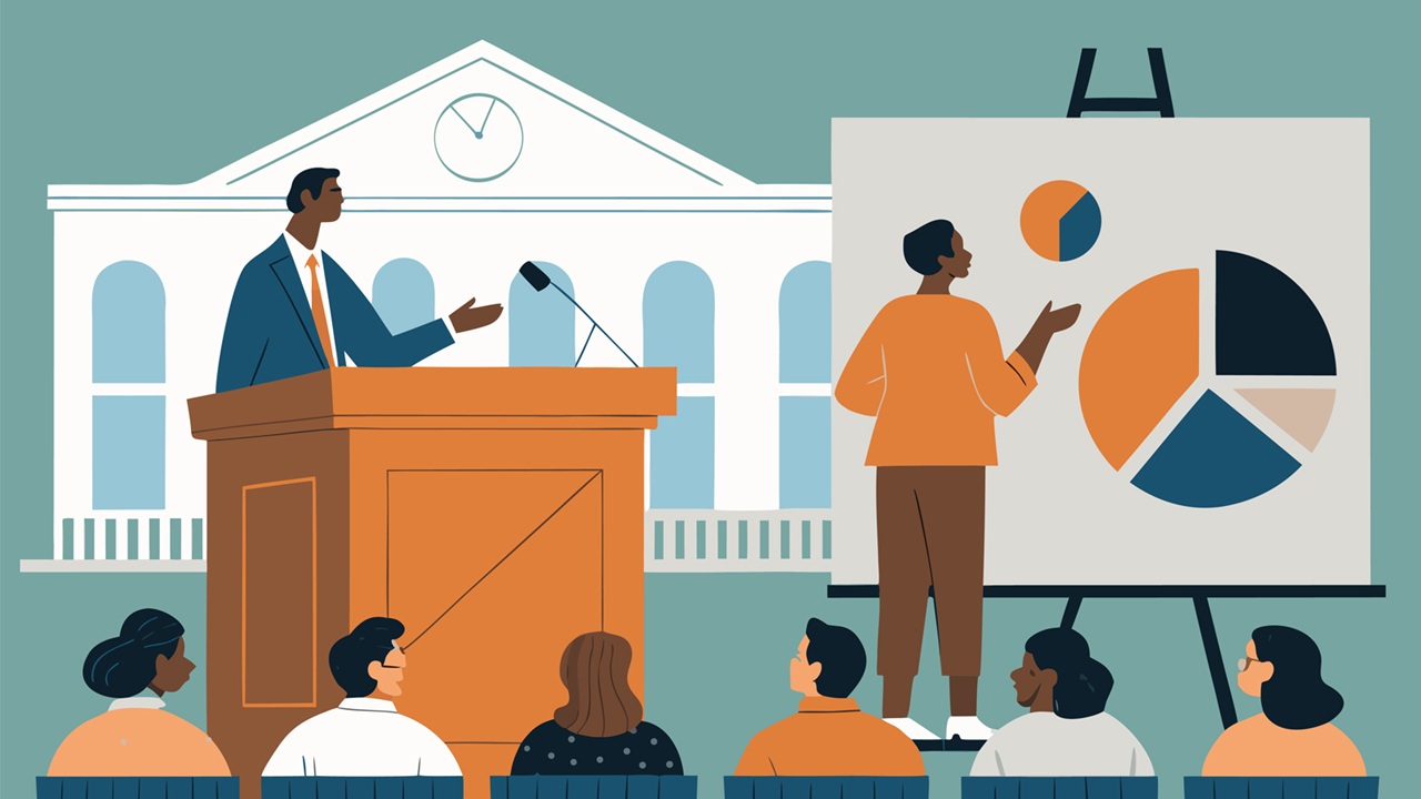 Illustration of local gov leader explaining a pie chart