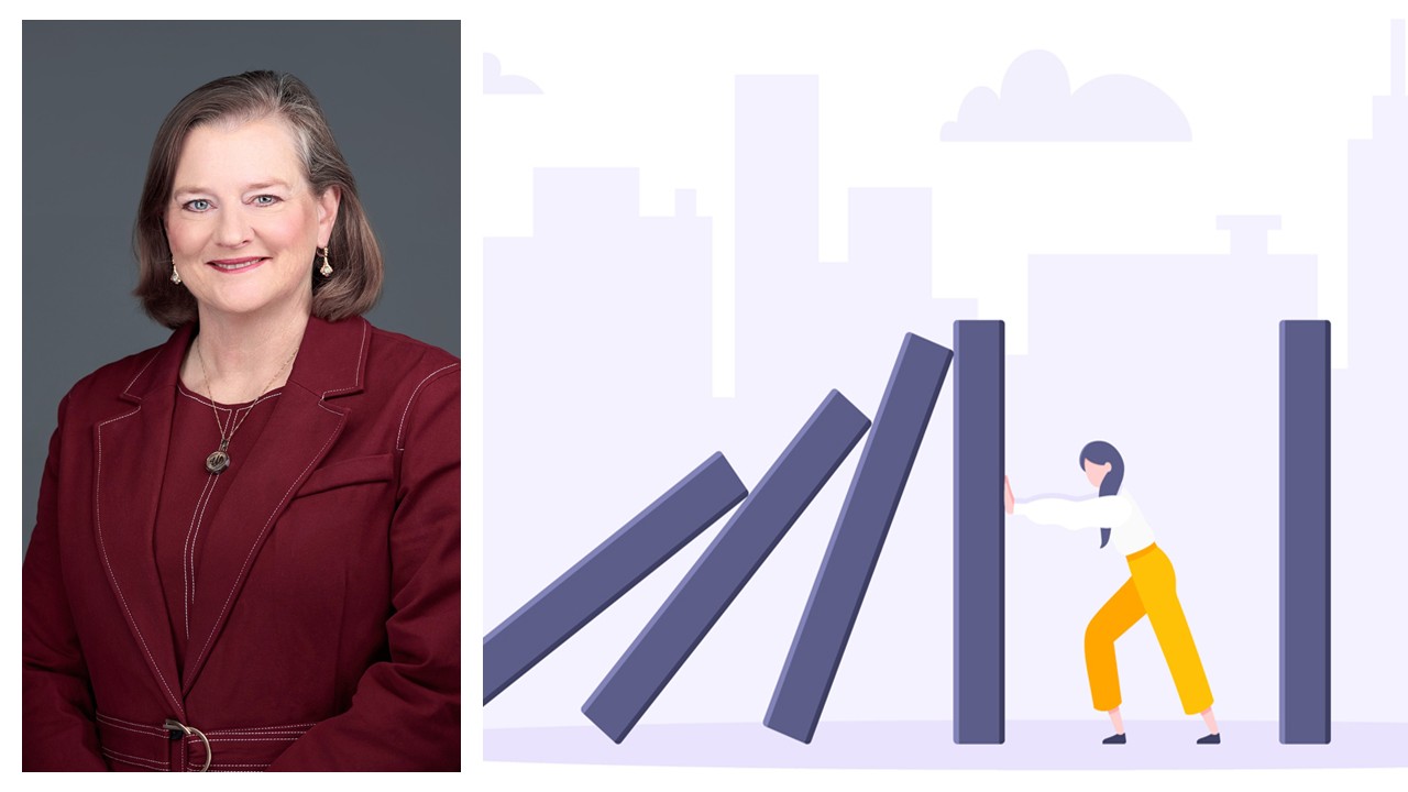 Photo of Julia D. Novak and an illustration of a person holding up pillars