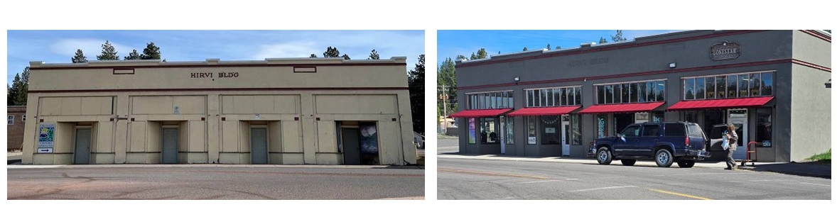 Before and after of the Hirvi Building in Downtown Chiloquin (photo credit: Cathy Stuhr)