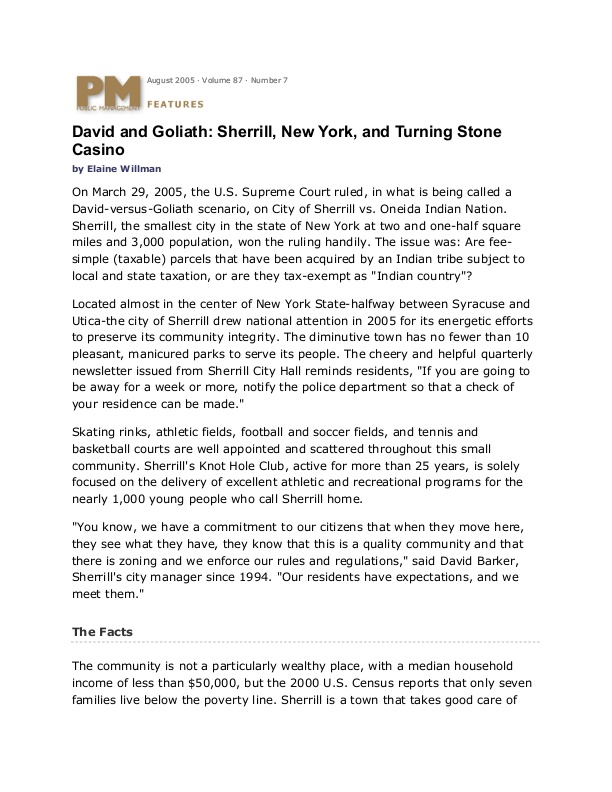 David and Goliath Sherrill, New York, and Turning Stone Casino