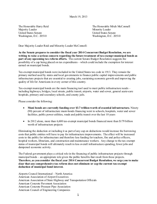 Coalition Letter to Senate on Municipal Bonds | icma.org