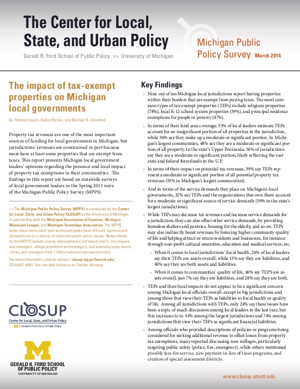 The impact of taxexempt properties on Michigan local governments