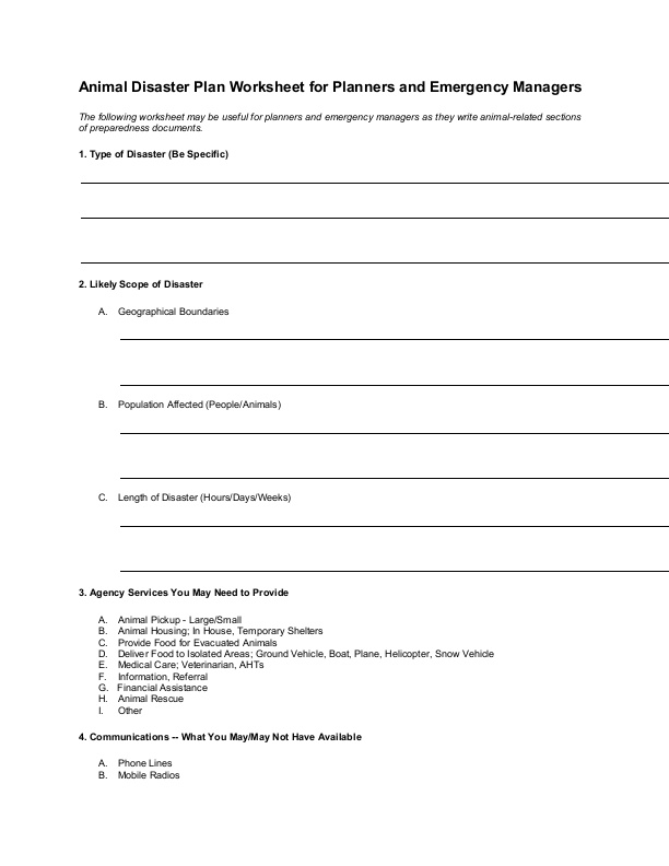 Animal Disaster Plan Worksheet for Planners and Emergency Managers |  