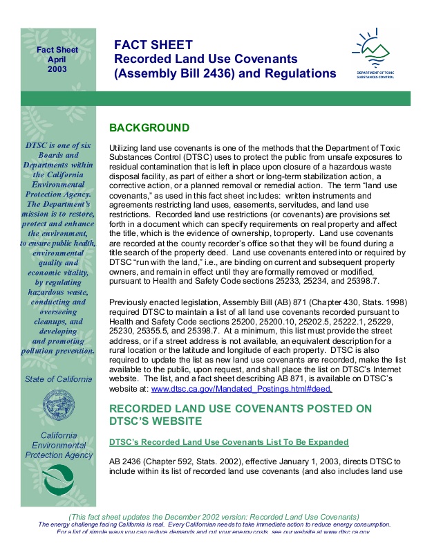 California Fact Sheet Recorded Land Use Covenants (Assembly Bill 2436) and Regulations