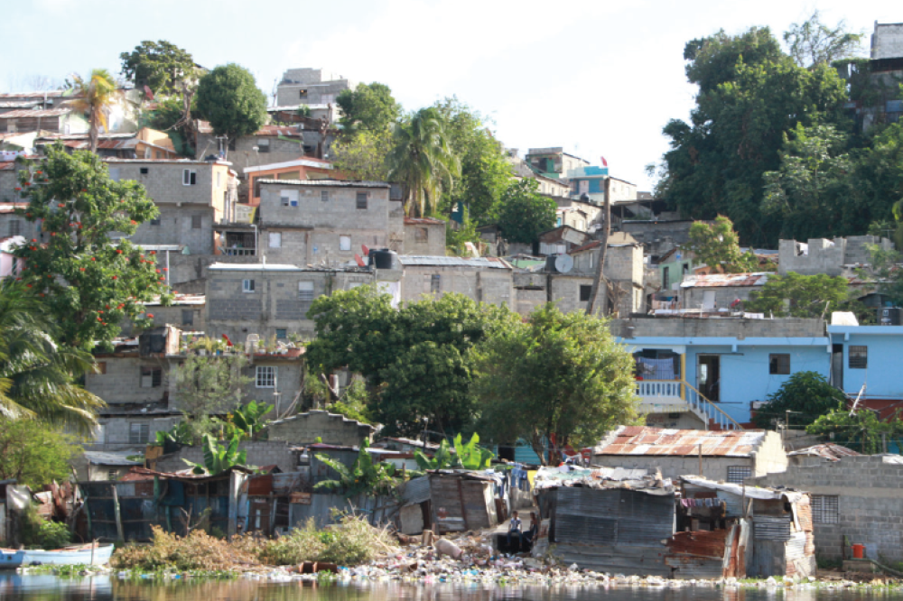 Dominican Republic city scene, buildings near river