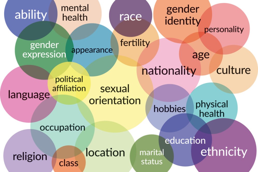 An image of overlapping identities, such as ability, race, gender identity, and sexual orientation. 