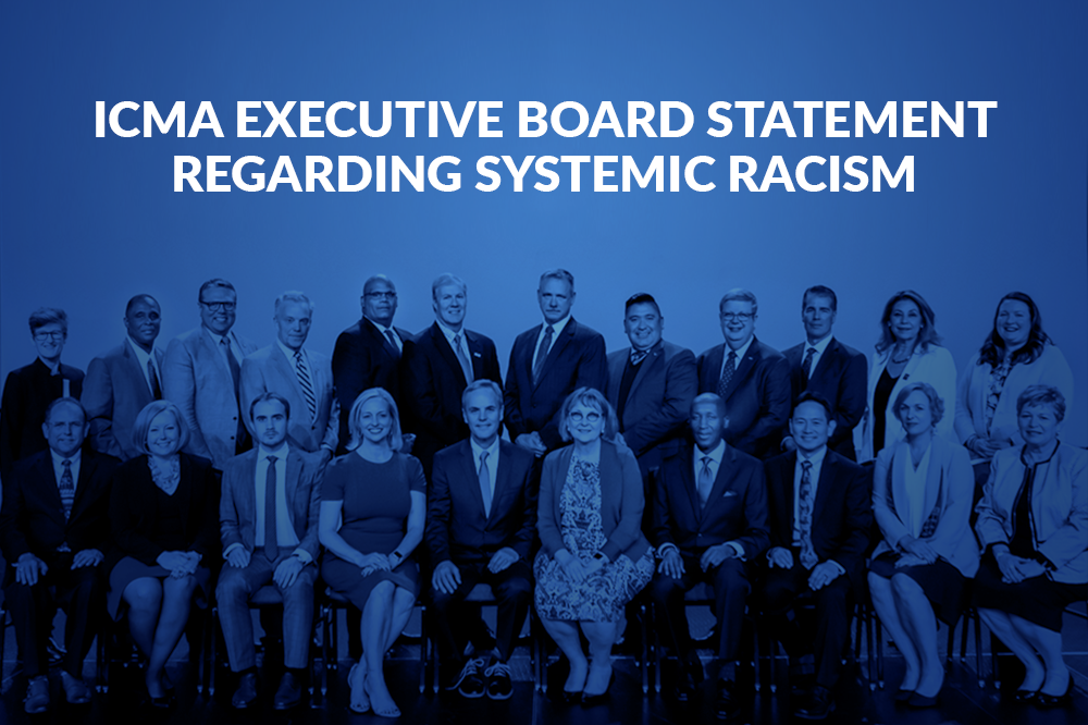 image of ICMA Executive board with title statement regarding systemic racism overlay