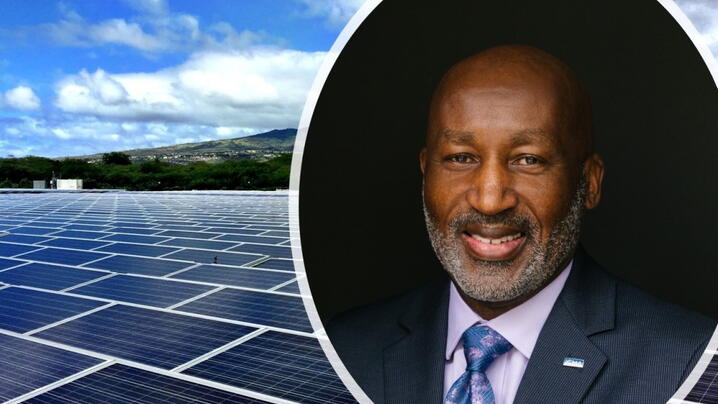 Headshot of Marc Ott along with a field of solar panels