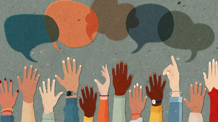 Image of folks with raised hands and speech bubbles