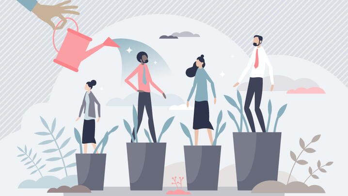 Developing talent and professional training for personal growth tiny person concept. Potential improvement and motivation boost with leader encourage as skill watering vector illustration