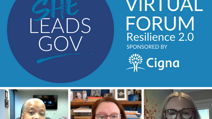 SheLeadsGov Virtual Forum Logo with three speaker photos