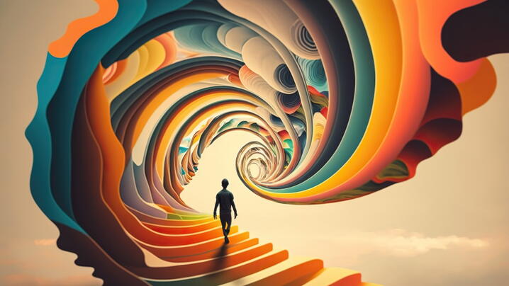 Abstract image of person walking into a rainbow tunnel