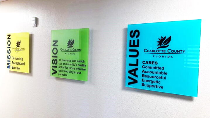 Charlotte County's mission, vision, and values placards