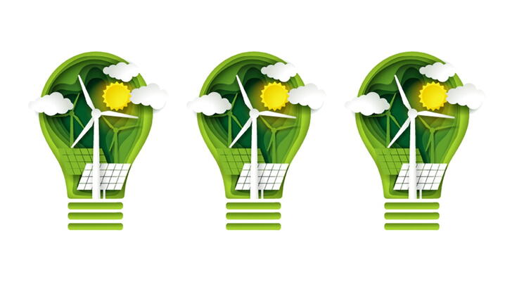 Images of lightbulbs with green energy icons