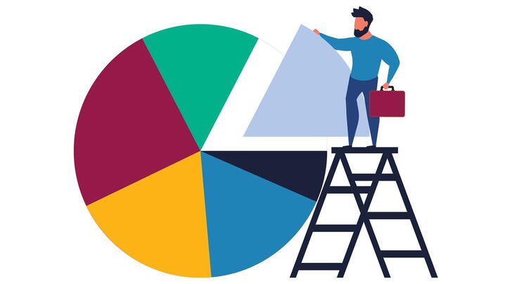 Illustration of person holding a piece of a pie chart
