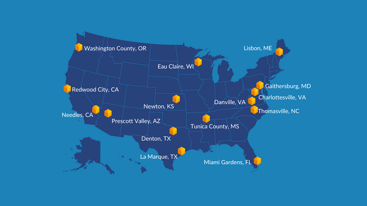 U.S. map depicting the locations of 15 local governments selected for ICMA's 2024 Economic Mobility and Opportunity Cohort.