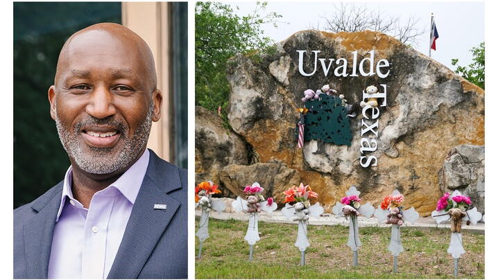 Marc Ott and a photo of a Uvalde memorial