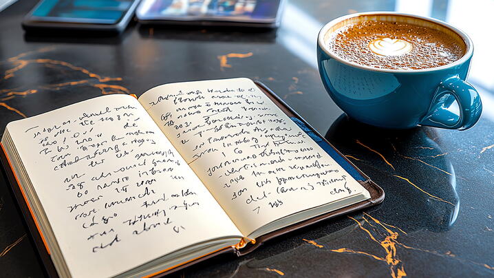 Open journal with writing next to a cup of coffee.