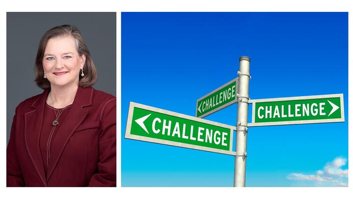 Image of Julia Novak and street signs that say "Challenge"