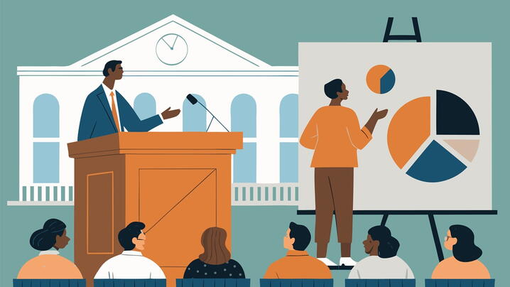 Illustration of local gov leader explaining a pie chart