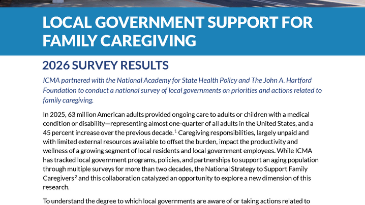 Cover of survey report showing ICMA logo, image of senior center, and description of project