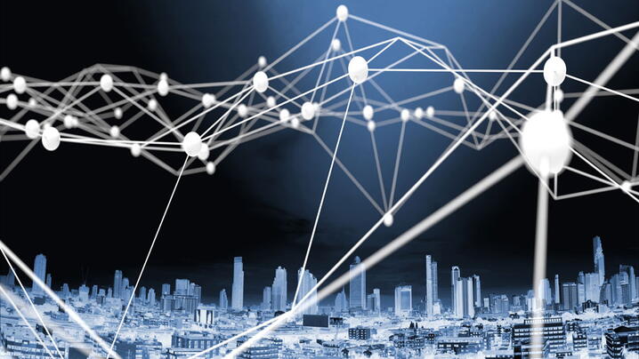 Internet of things , Blockchain network , Machine learning , deep learning and neural networks concept. White Distributed connection atom with blue city background , 3d rendering