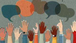 Image of folks with raised hands and speech bubbles