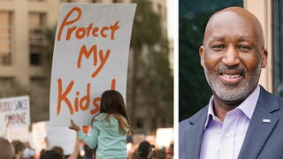 Image of child holding sign reading 'Protect My Kids'