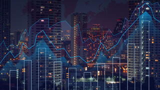 Image of data superimposed over city skyline
