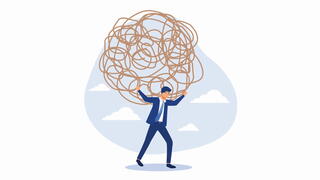Illustration of man holding up tangled ball