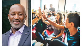 Photo of Marc Ott next to photo of students high-fiving