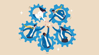 Five cogs in a circle with people holding hands in the center