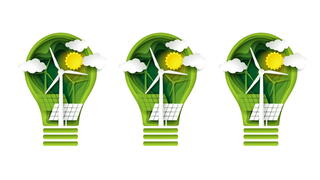 Images of lightbulbs with green energy icons