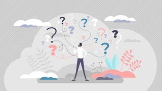 Illustration of person staring up at question marks