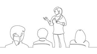 Hand-drawn sketch of person speaking in front of audience