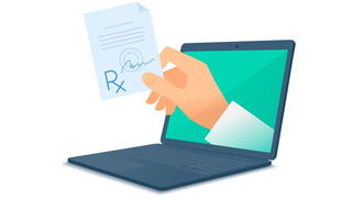 Image of laptop with doctor's hand holding prescription