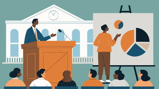 Illustration of local gov leader explaining a pie chart