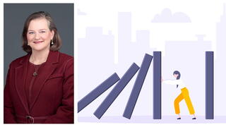 Photo of Julia D. Novak and an illustration of a person holding up pillars