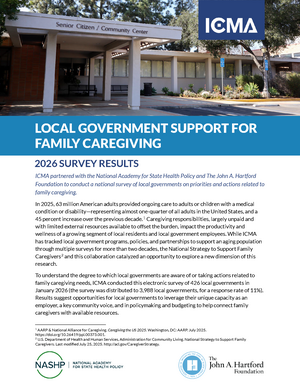Cover of survey report showing ICMA logo, image of senior center, and description of project