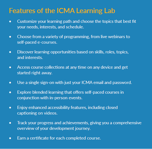 Features of the ICMA Learning Lab