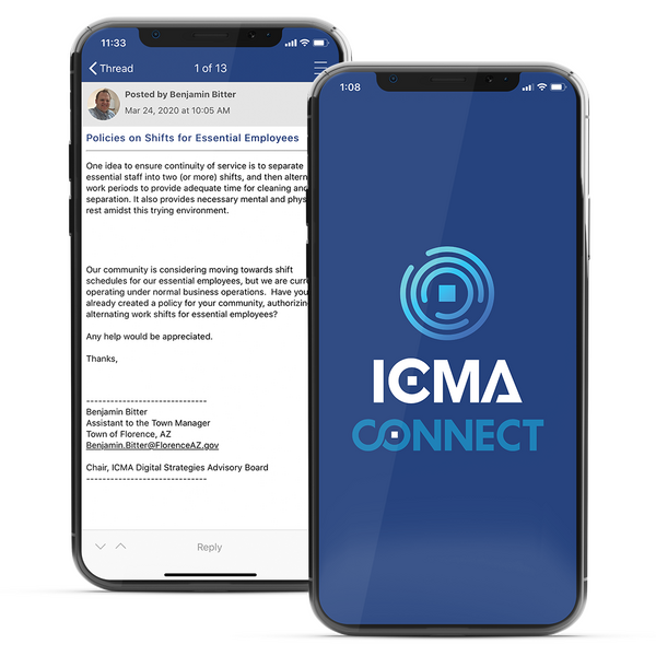 two mobile phone mockups of icma connect community